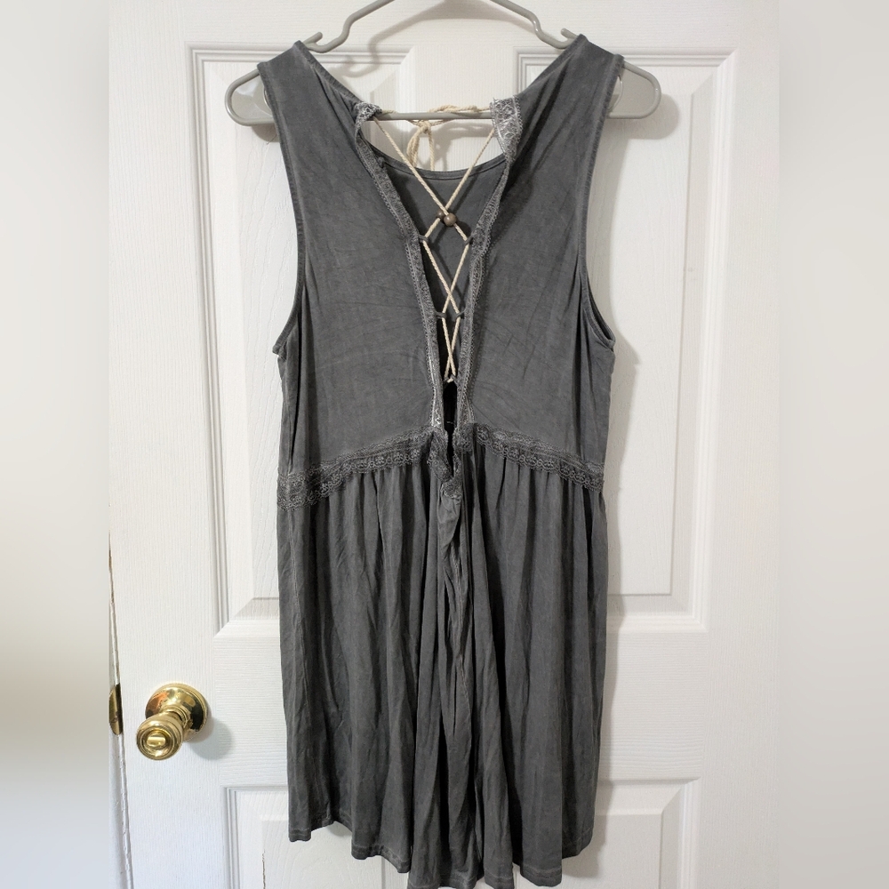 POL Charcoal Lace-Up Embroidered Tunic, Fits M-XXL